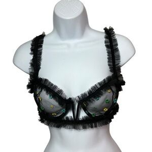 Le Petit Trou Black Sheer Mesh Floral Underwire Embroidered‎ Ruffle Bra